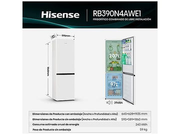 Frigorífico Combi Hisense, Modelo RB390N4AWE1, 304 litros, Blanco