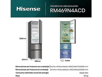 Frigorífico Combi Hisense RM469N4ACD, 368 L, 3 Puertas, Inox - Electrodomésticos Idea SL